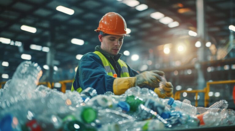 a worker in safety gear sorts through recyclable plastic bottles in a busy recycling plant.